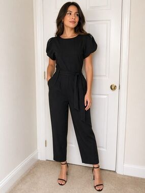 Calvin Klein Black Puff-Sleeve Belted Jumpsuit
